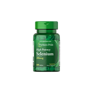 Puritan's Pride Selenium 200 mcg 100 Tablets offers antioxidant support and promotes immune health, packaged in a green bottle with 100 vegetarian tablets.